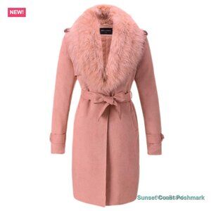 Faux Suede Trench Coat in Pink Fleece Lined Detachable Faux Fur Collar New